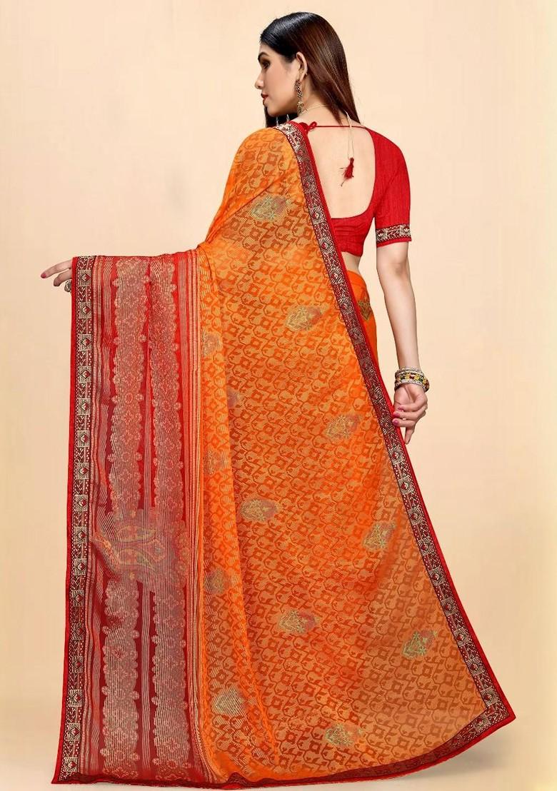 Orange Embroidered Blended Saree Set - Indya