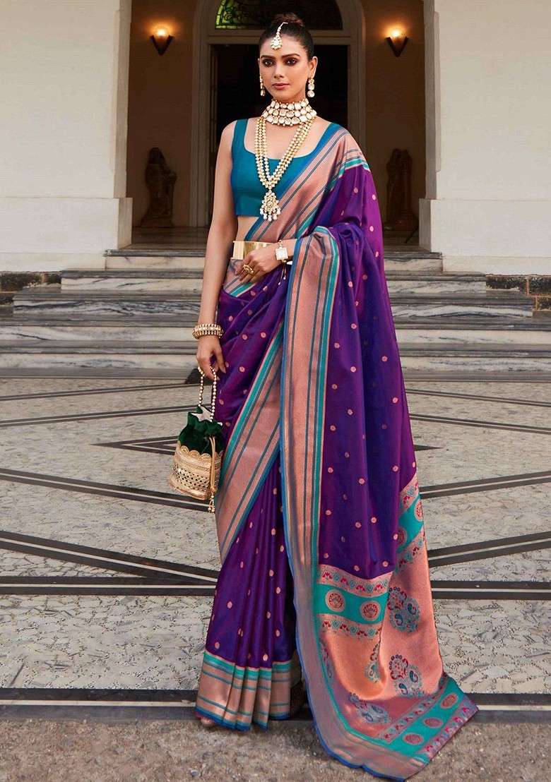 Purple Blended Saree Set with Printed for Diwali | Wedding & Festive Wear - Indya