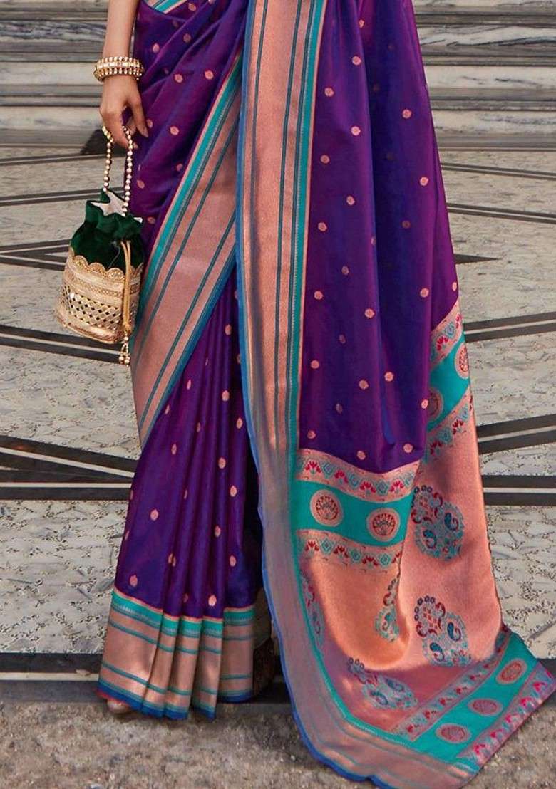 Purple Blended Saree Set with Printed for Diwali | Wedding & Festive Wear - Indya