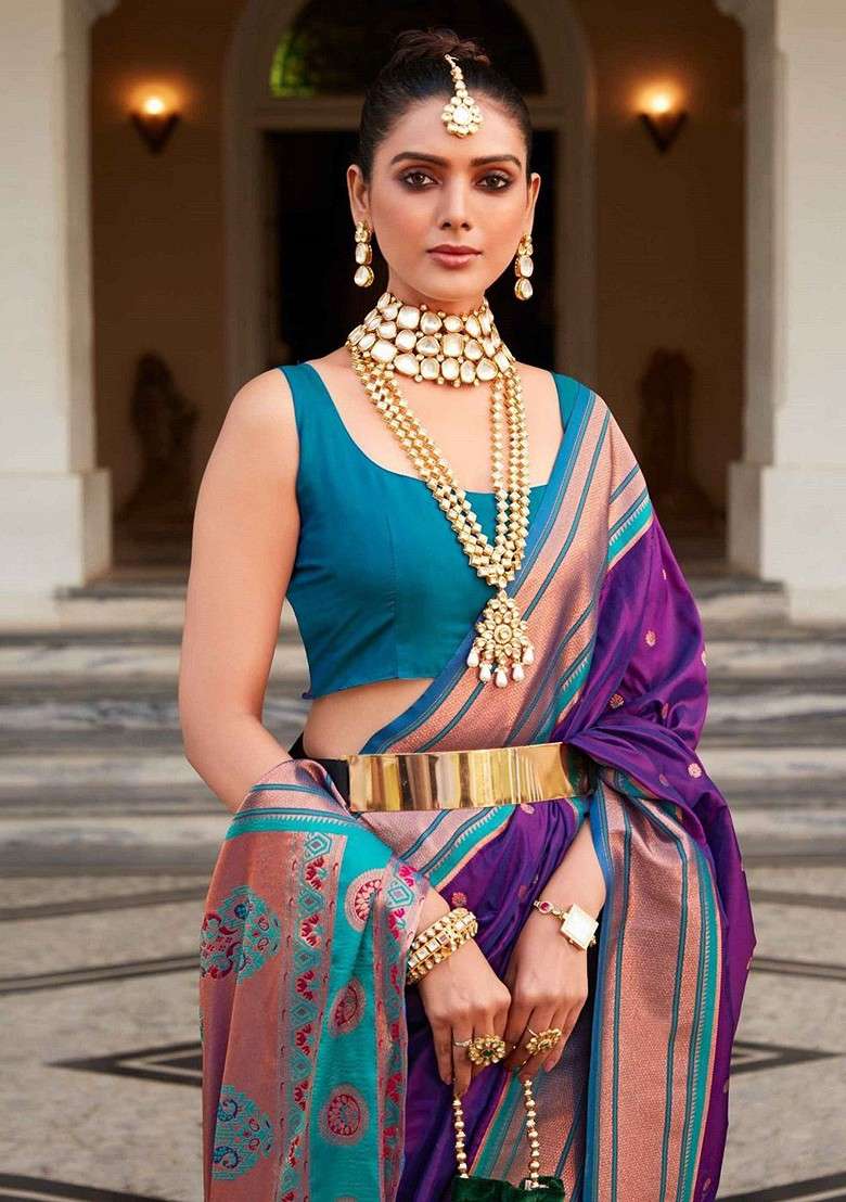 Purple Blended Saree Set with Printed for Diwali | Wedding & Festive Wear - Indya