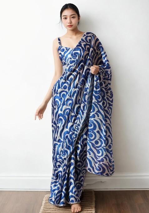 Blue Embroidered Blended Saree Set