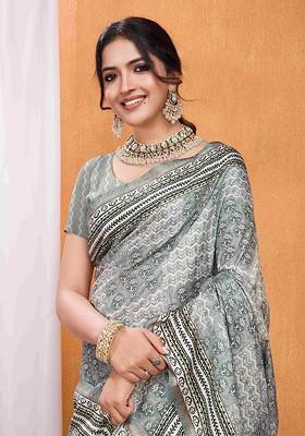 Grey Printed Blended Saree Set