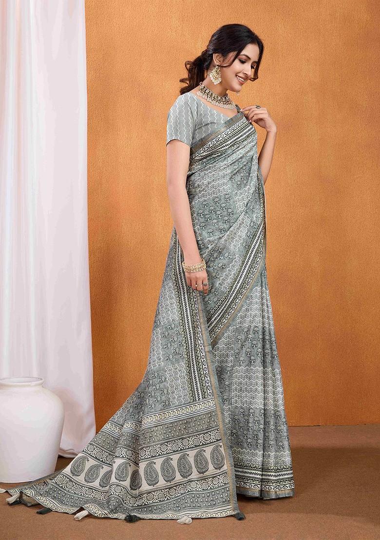 Grey Printed Blended Saree Set - Indya