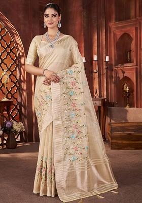 Cream Embroidered Blended Saree Set