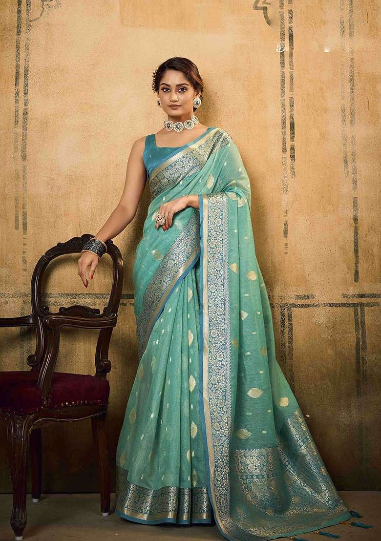 Turquoise Blue Embroidered Blended Saree Set - Indya