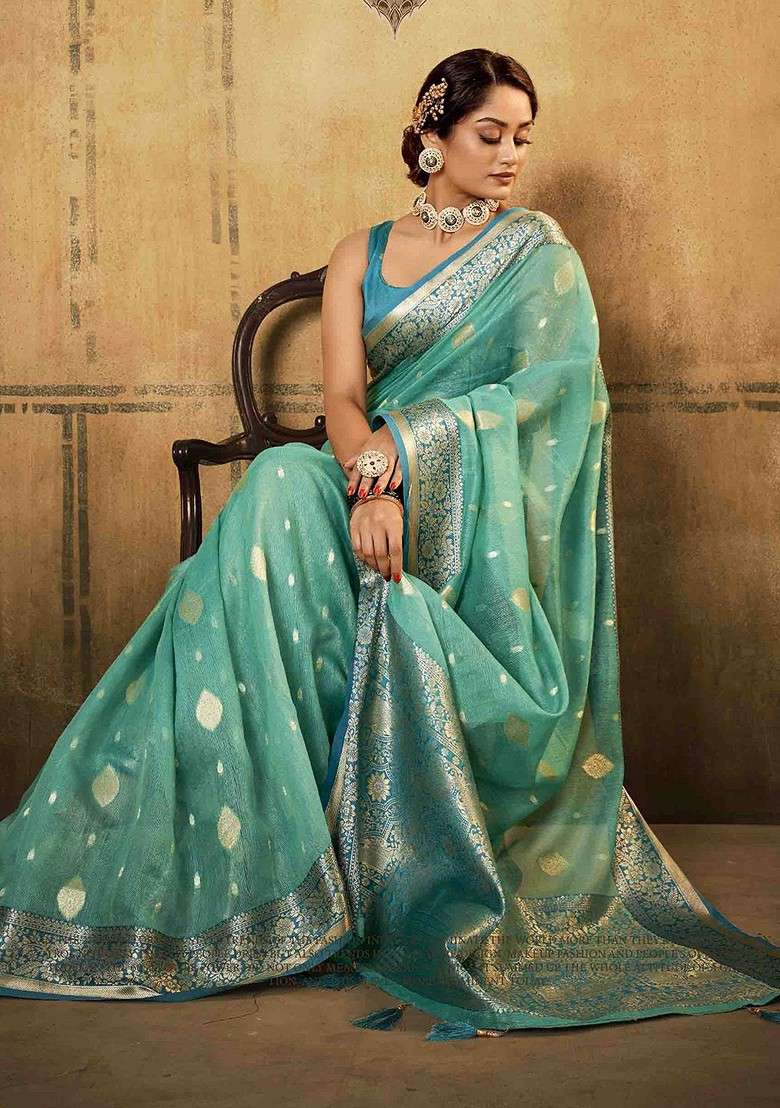 Turquoise Blue Embroidered Blended Saree Set - Indya