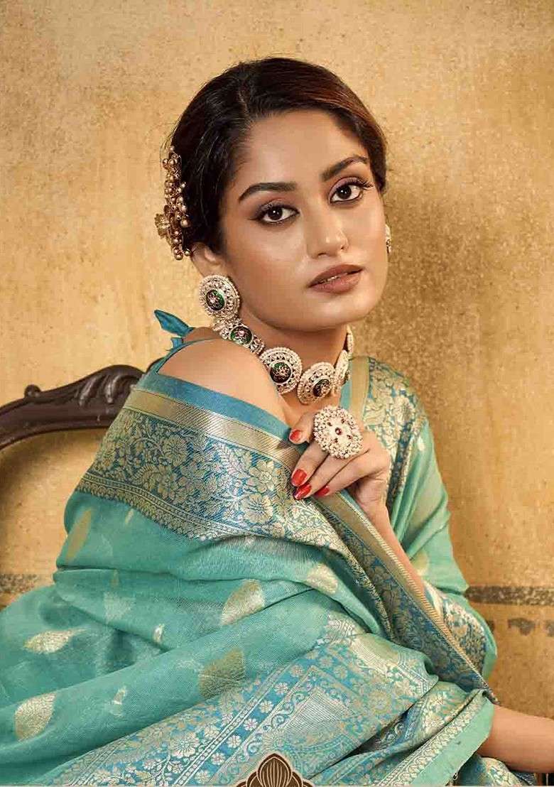 Turquoise Blue Embroidered Blended Saree Set - Indya