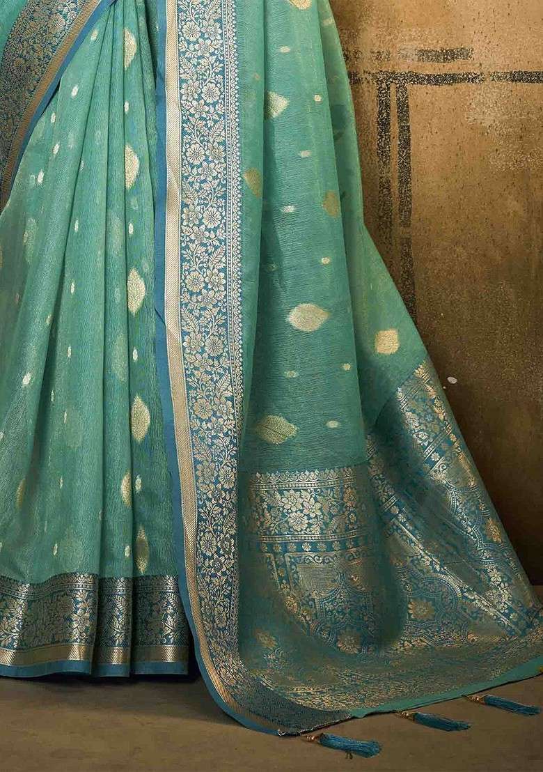 Turquoise Blue Embroidered Blended Saree Set - Indya