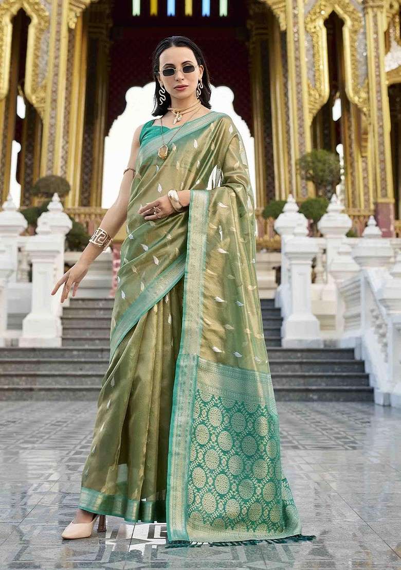Olive Blended Saree Set with Embroidered for Diwali | Wedding & Festive Wear - Indya