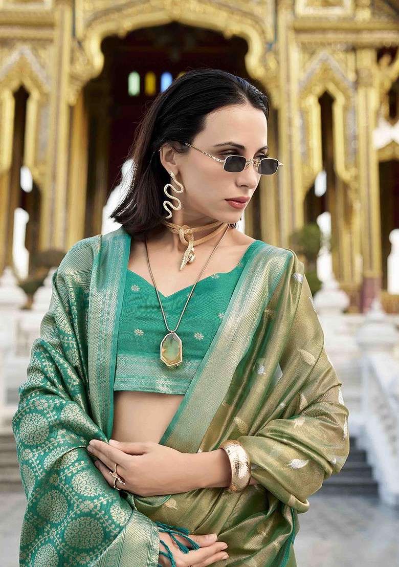 Olive Blended Saree Set with Embroidered for Diwali | Wedding & Festive Wear - Indya