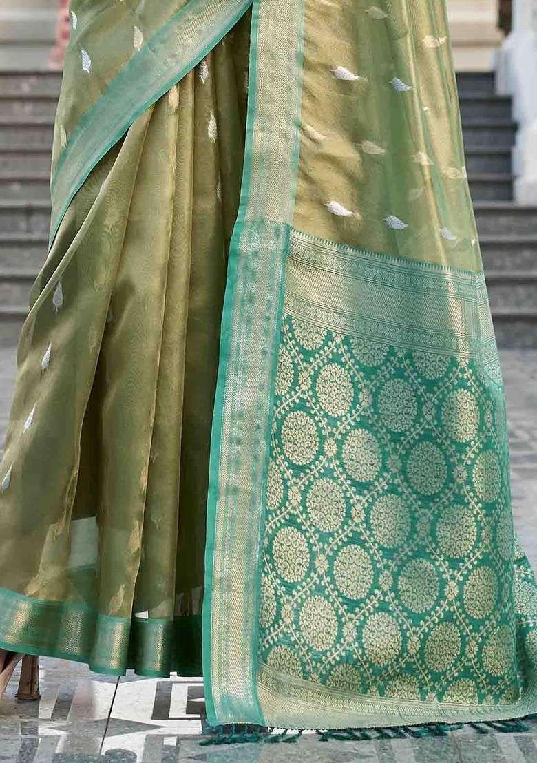 Olive Blended Saree Set with Embroidered for Diwali | Wedding & Festive Wear - Indya