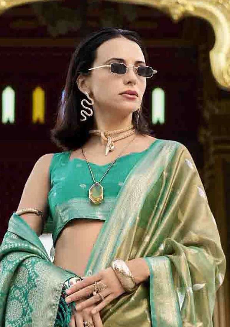 Olive Blended Saree Set with Embroidered for Diwali | Wedding & Festive Wear - Indya