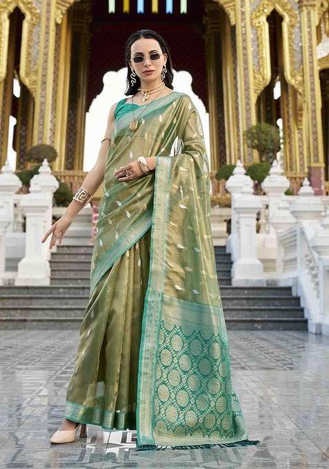 Olive Blended Saree Set with Embroidered for Diwali | Wedding & Festive Wear