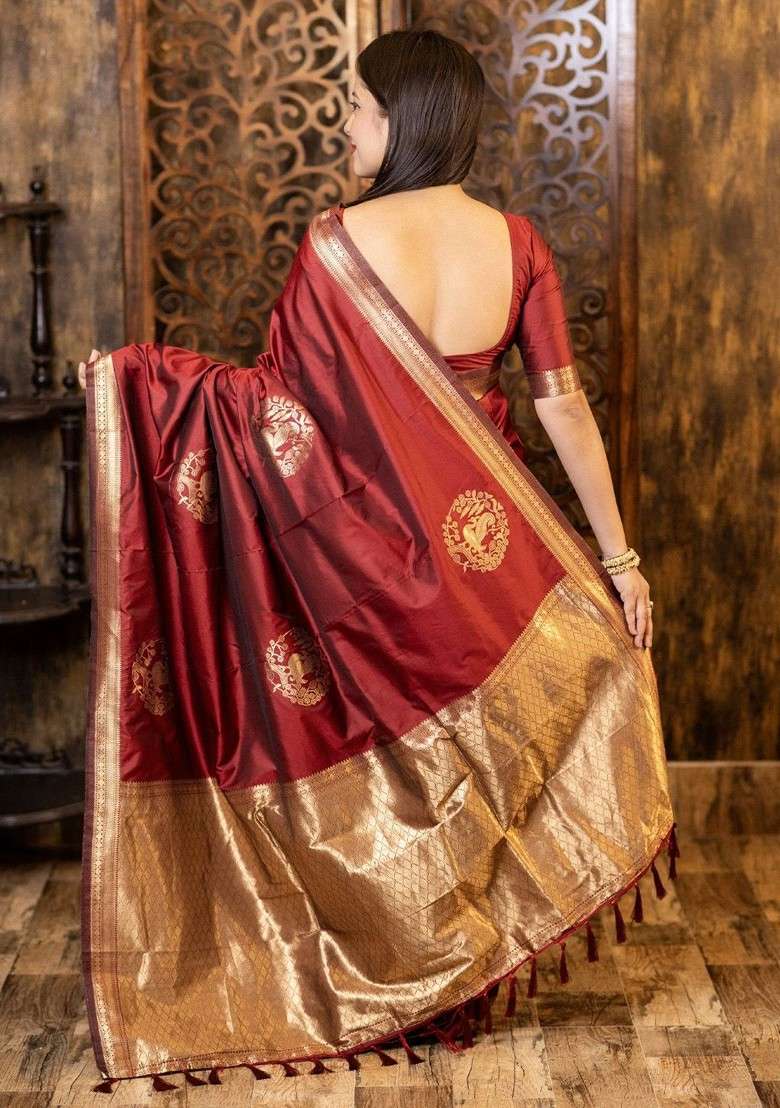 Maroon Blended Saree Set with Embroidered for Diwali | Wedding & Festive Wear - Indya