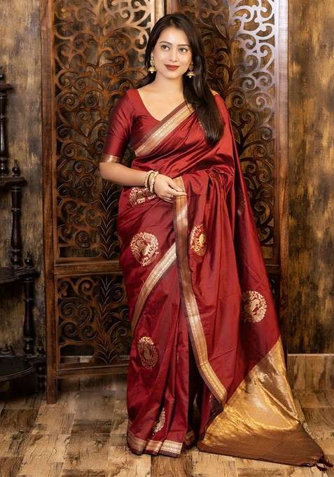 Maroon Blended Saree Set with Embroidered for Diwali | Wedding & Festive Wear