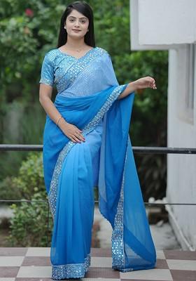 Blue Embellished Blended Saree Set