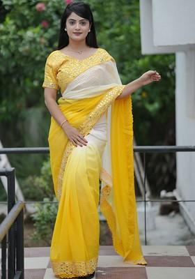 Yellow Embellished Blended Saree Set