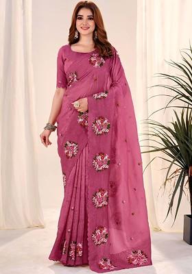 Peach Embroidered Blended Saree Set