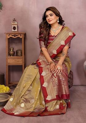 Brown Embroidered Blended Saree Set