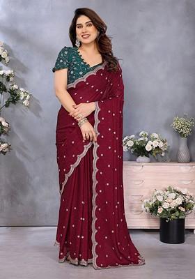 Maroon Embellished Blended Saree Set