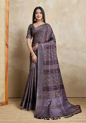 Purple Printed Blended Saree Set