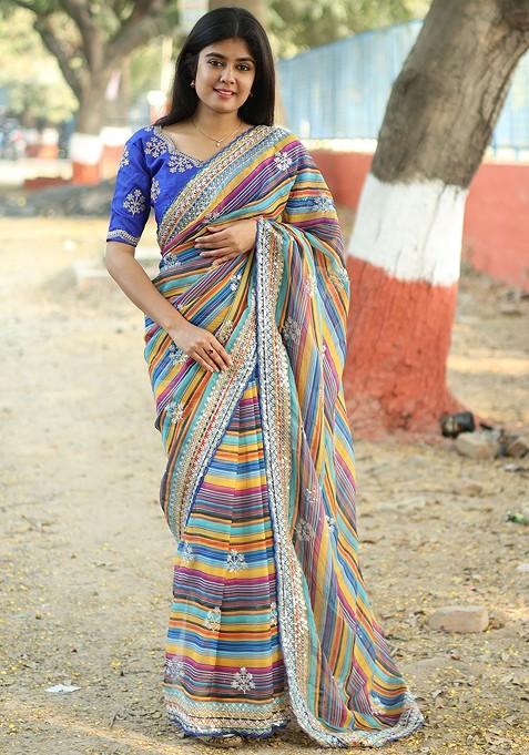 Yellow Embroidered Blended Saree Set