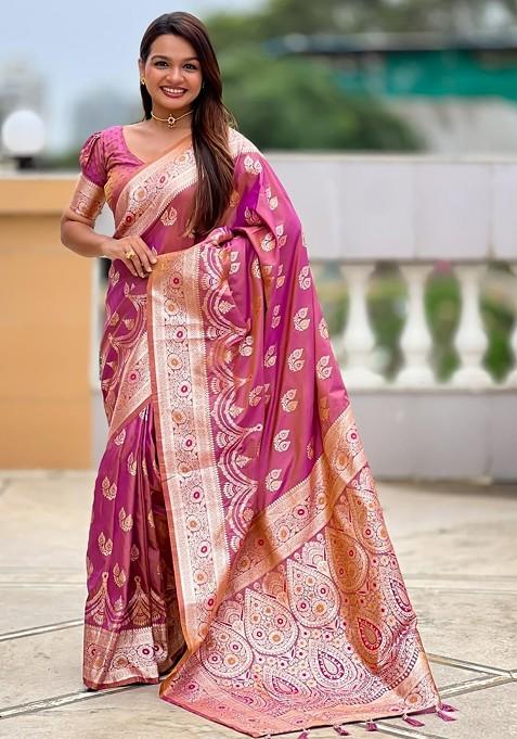 Pink Embroidered Blended Saree Set