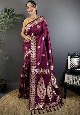 Burgundy Embroidered Blended Saree Set