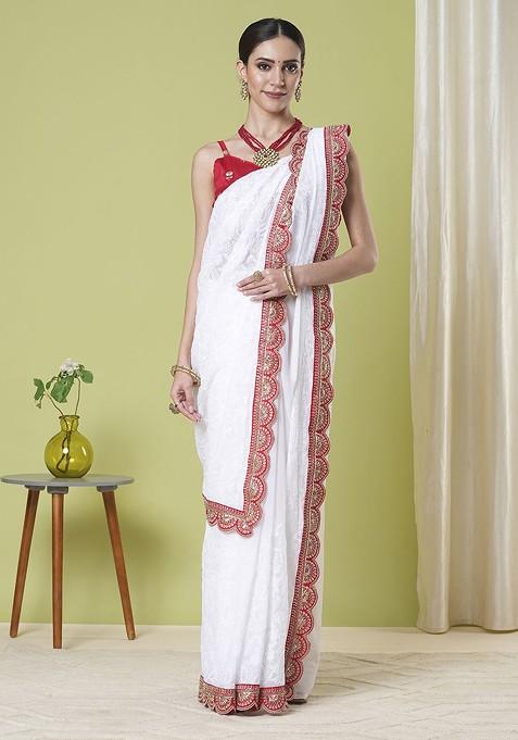 White Jacquard Blended Saree Set — view on Indya