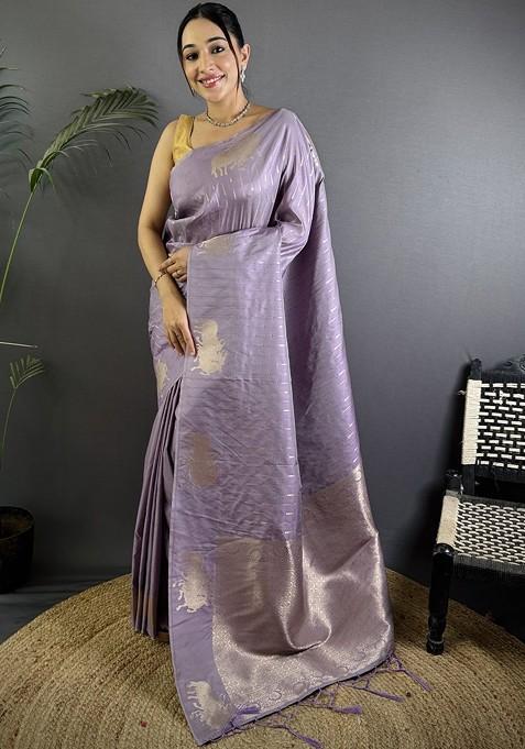 Lavender Embroidered Blended Saree Set