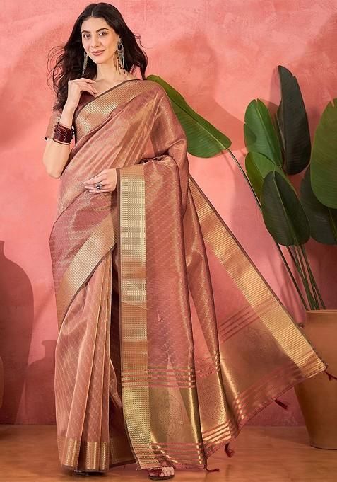 Mauve Embroidered Blended Saree Set