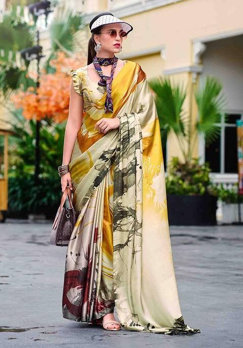 Khaki Printed Blended Saree Set