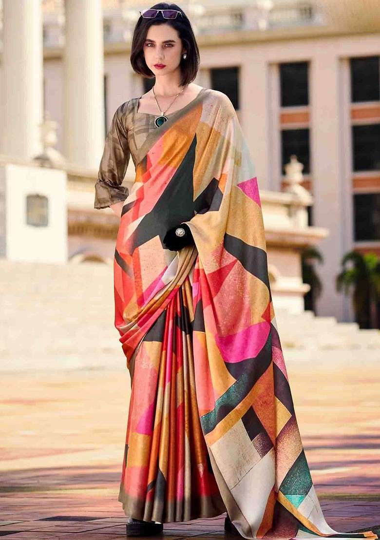 Multi Blended Saree Set with Printed for Diwali | Wedding & Festive Wear - Indya