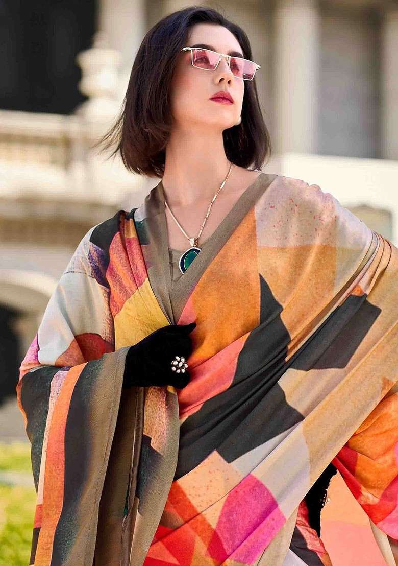 Multi Blended Saree Set with Printed for Diwali | Wedding & Festive Wear - Indya
