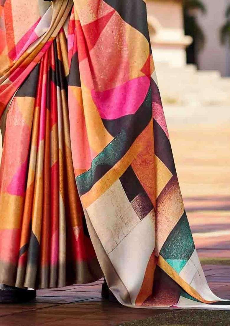 Multi Blended Saree Set with Printed for Diwali | Wedding & Festive Wear - Indya