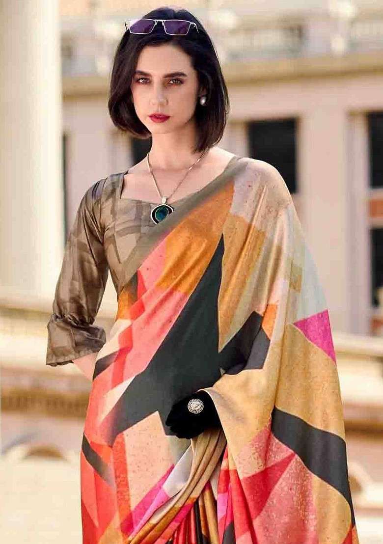 Multi Blended Saree Set with Printed for Diwali | Wedding & Festive Wear - Indya