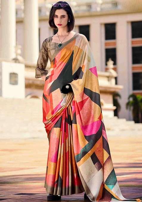 Multi Blended Saree Set with Printed for Diwali | Wedding & Festive Wear