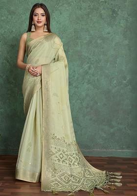 Green Printed Blended Saree Set