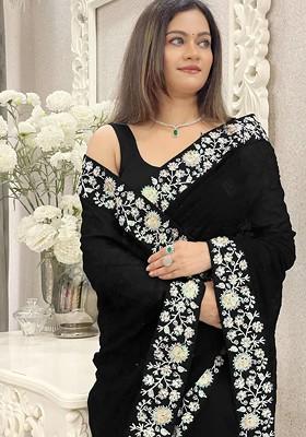 Black Embellished Blended Saree Set