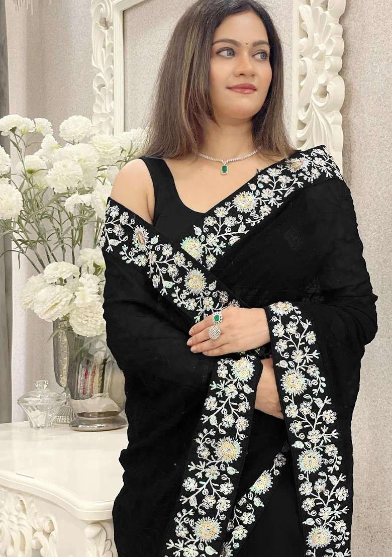 Black Embellished Blended Saree Set - Indya