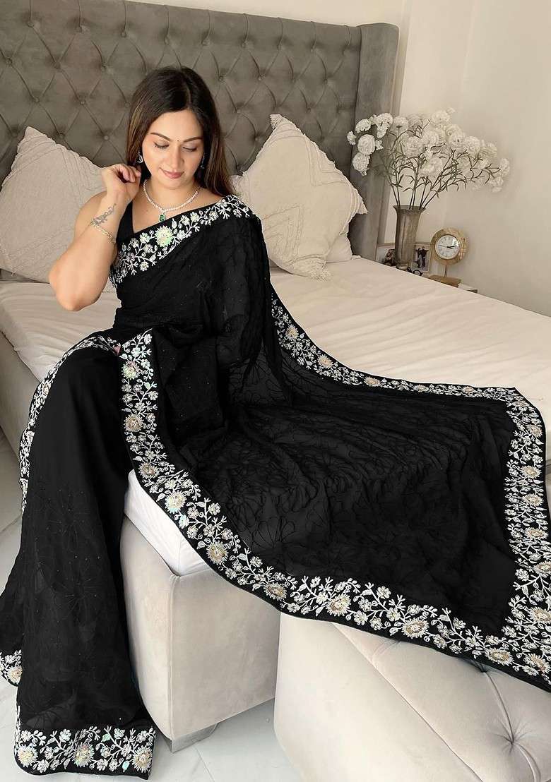 Black Embellished Blended Saree Set - Indya