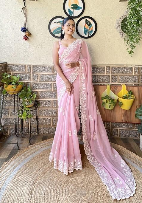 Pink Embellished Blended Saree Set