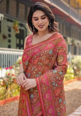 Brown Embroidered Blended Saree Set