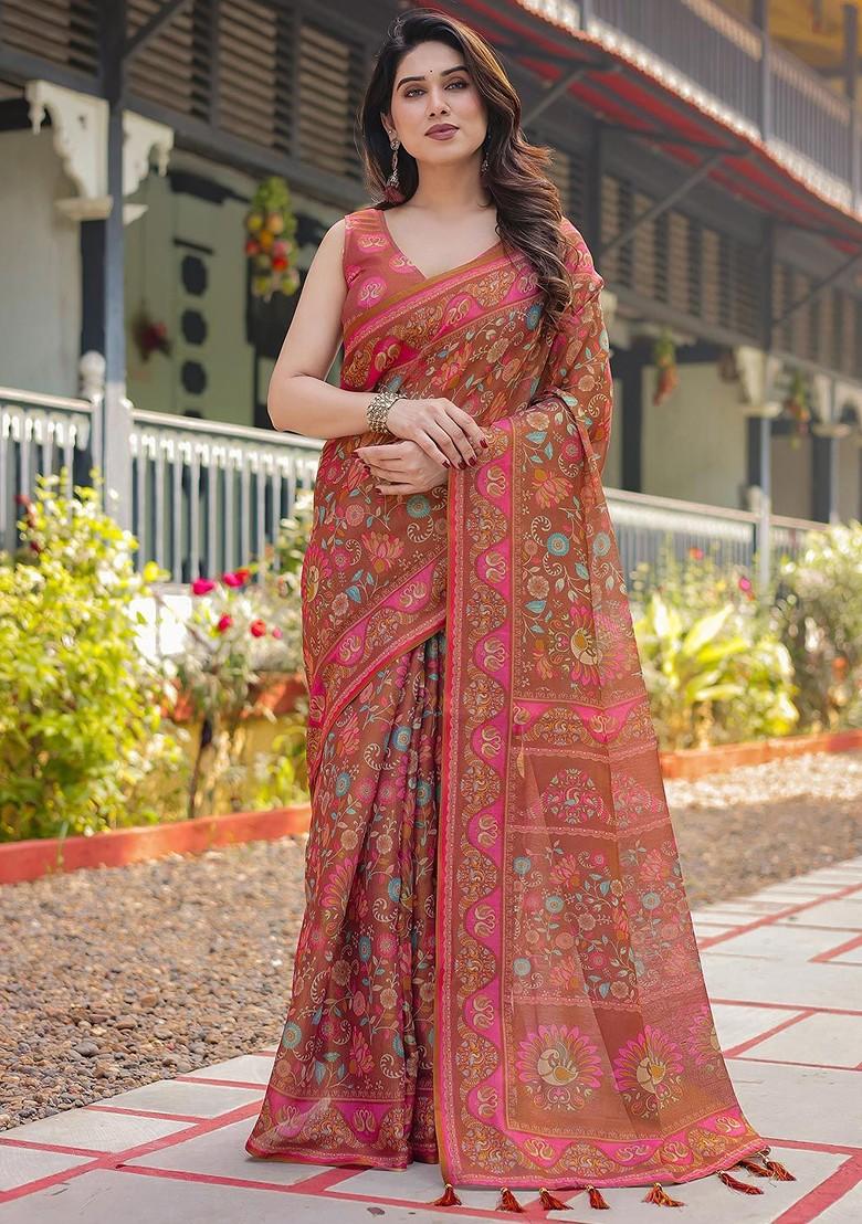 Brown Embroidered Blended Saree Set - Indya