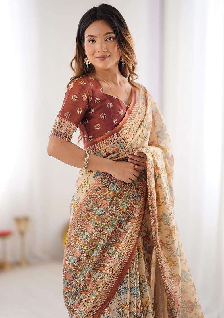 Beige Embroidered Blended Saree Set - Indya