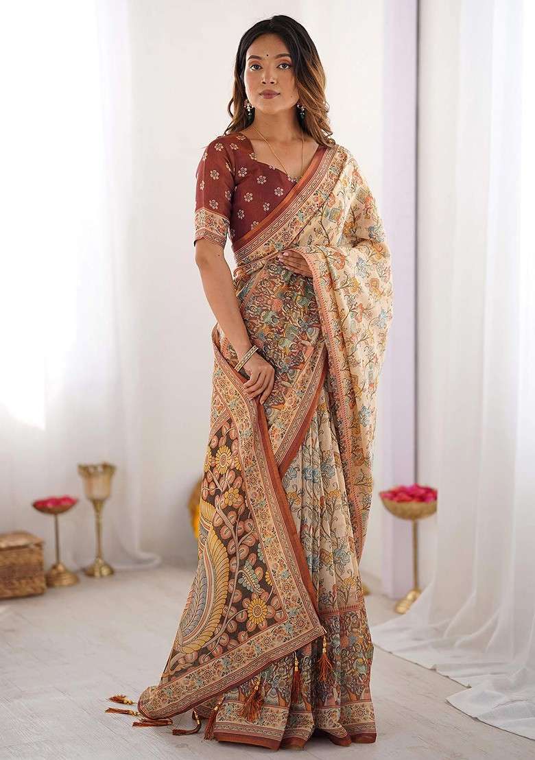 Beige Embroidered Blended Saree Set - Indya