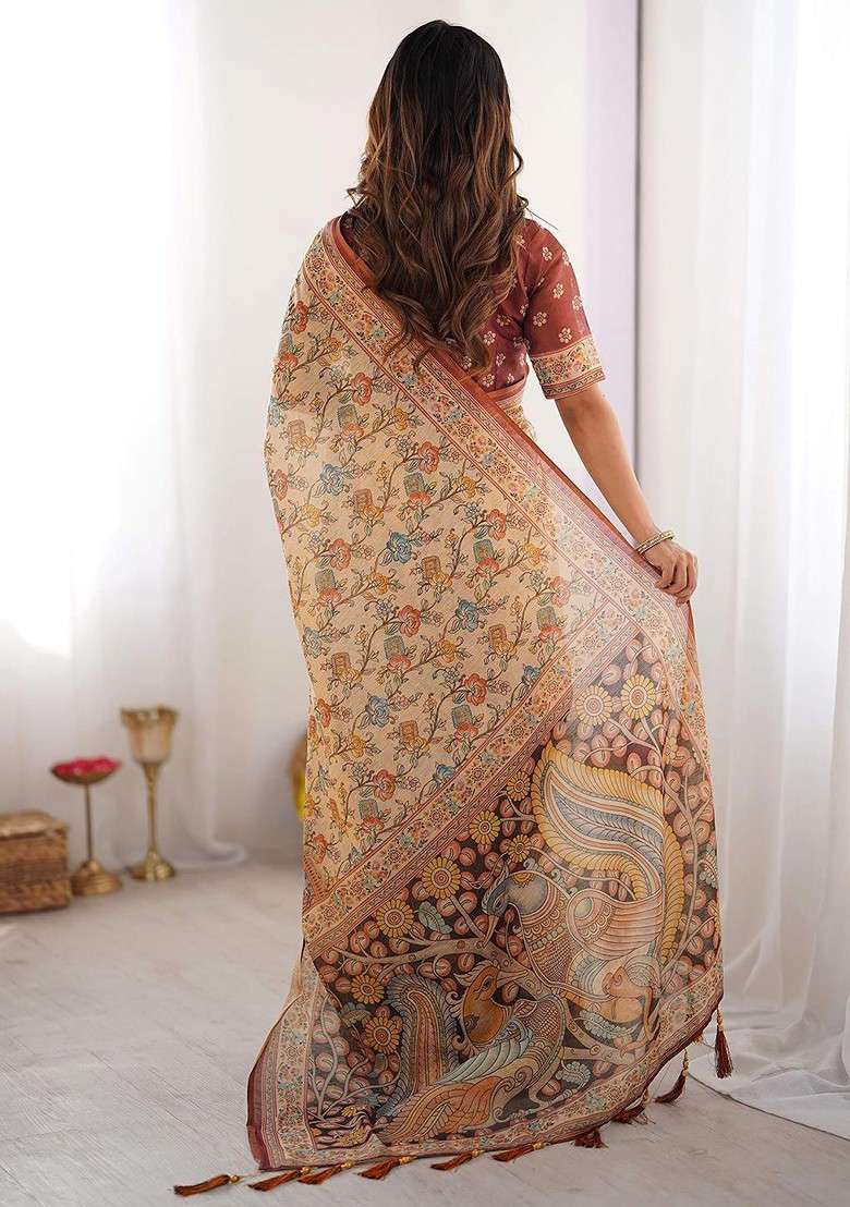 Beige Embroidered Blended Saree Set - Indya