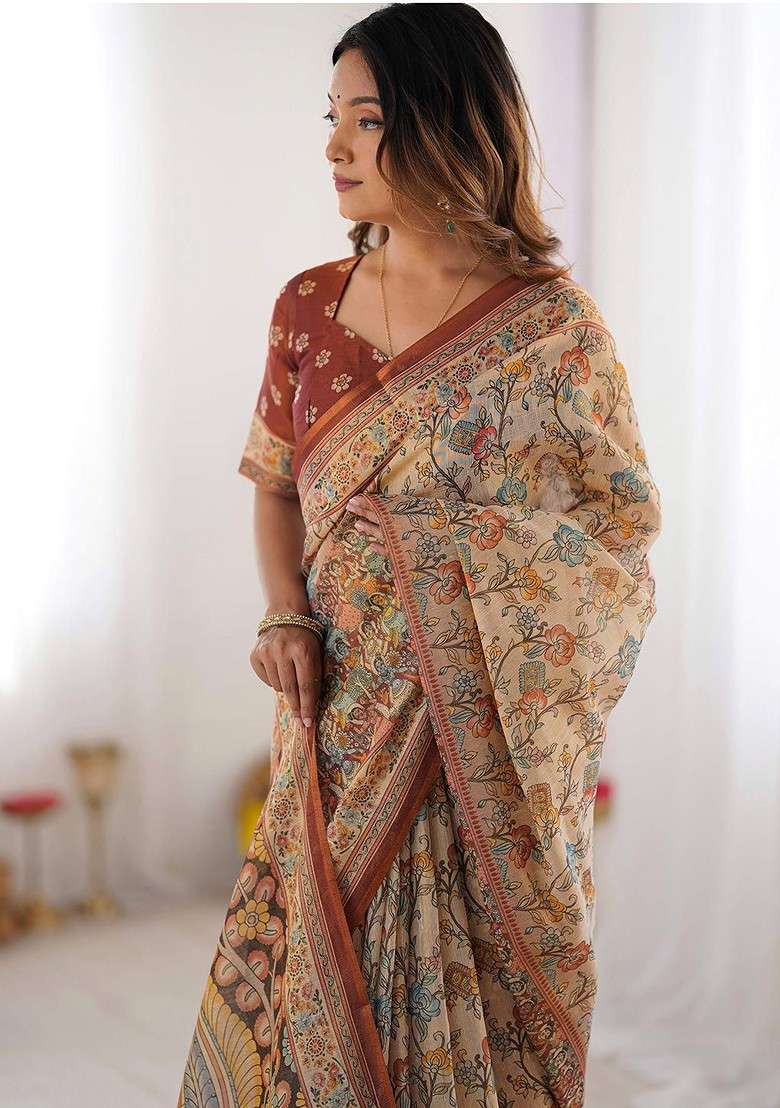 Beige Embroidered Blended Saree Set - Indya