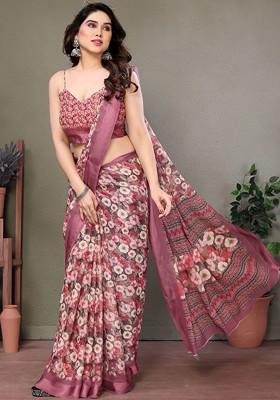 Peach Embroidered Blended Saree Set