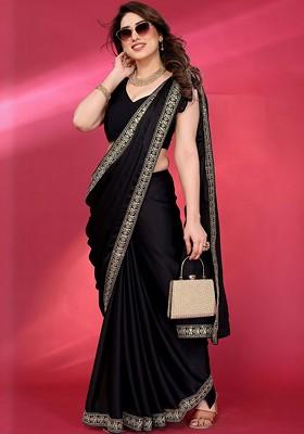 Black Embroidered Blended Saree Set